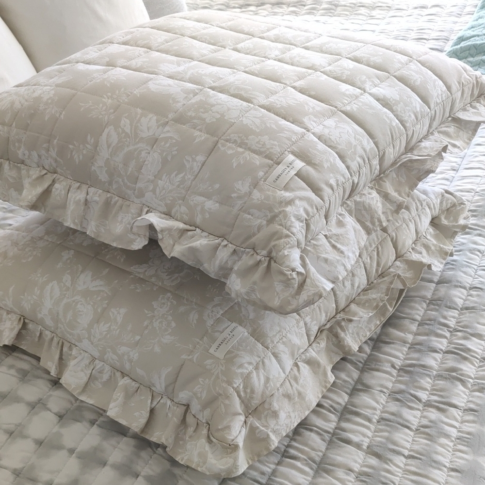 CABBAGES & ROSES London Euro Elegant Cream Quilted Floral Pillow Set Vintage Y2K